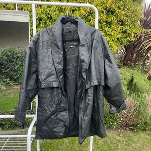 Wilson Black Leather Trench Coat with Draped Collar